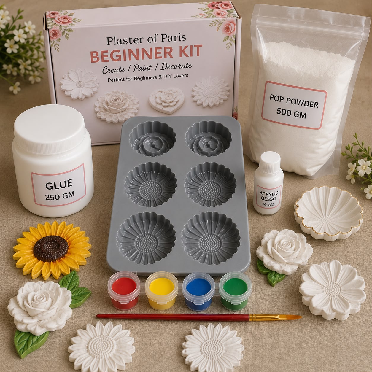 Plaster of Paris (POP) Flower Art Beginner Kit | Complete DIY Craft & Painting Kit